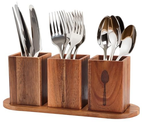 mumisuto Porte-Ustensiles De Cuisine, 3 Compartiments Organiseur D'Ustensiles En Bois Pour DéCoration De Comptoir, Ustensiles De Porte Ustensiles Cuisine Range Couverts