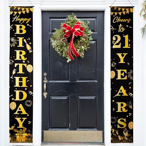Happy 21st Birthday Party Decorations Black Gold 21st Birthday Door Banner Porch Hanging Banner, 21st Birthday Door Decorations for Girls Her 21 Year Old Indoor Outdoor Garden Black Gold