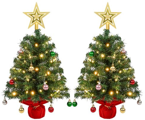 Uten 2 pcs Arbol de Navidad, 60 cm Mini Árbol de Navidad, con 50 Luces LED, Estrellas y 56 Bolas Navideñas, para Oficina, Salón, Alféizar de Ventana, Escritorio Decoración Navideña
