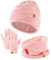 Damen Mütze Schal Handschuhe Set Winterhandschuhe Dicke Beanie Mütze Wärmer Lange Strickmütze mit Bommel Fleece Gefütterte Outdoor Sport Geschenk für Frauen