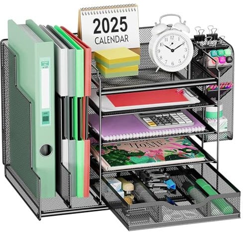 DUOJIN Schreibtisch Organizer mit Aktenhalter,5Tier Briefablage Ablagefächer mit Schublade, Stifthalter, Netz Schreibtisch Ablage Zeitschriftenhalter für Büro Bedarf Dokumentenablage