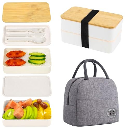 Ksvaye Fiambrera con 2 Compartimentos Fiambreras Comida Trabajo 1200ml Lunch Box Lonchera con Cubiertos y Bolsa Termica Porta Alimentos Bambú Caja Bento Box para Niños Adultos Escuela (Blanco)