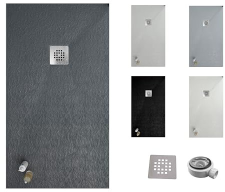 VAROBATH | Plato de Ducha ONE – Material Resina con Carga Mineral y Textura Pizarra Antideslizante C3 – Incluye Válvula Desagüe y Rejilla (GRIS ANTRACITA RAL7016, 70x160)