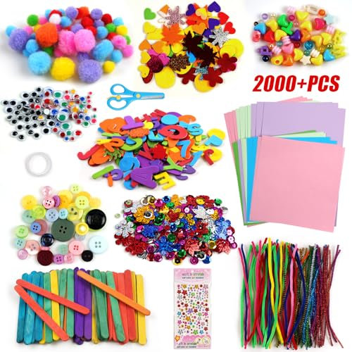 HOTUT 2000+ Pcs Bastelset Kinder,Bastelmaterial Set,DIY Bastelset Kinder Bastelzubehör mit Knöpfe, Pailletten,Pfeifenreiniger, Pompons,Bastelkoffer für Kinder Mädchen Jungen 4 bis 10 Jahre Geschenk