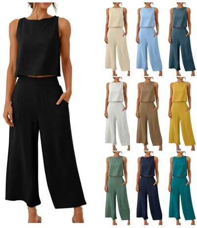 Musselin Hosenanzug Damen Sommer Zweiteiler Tank Top und Hose 2 Teiler Elegant Hosenanzüge Baumwolle Leinen Jogginganzug Elegant Outfit Business Casual Anzug