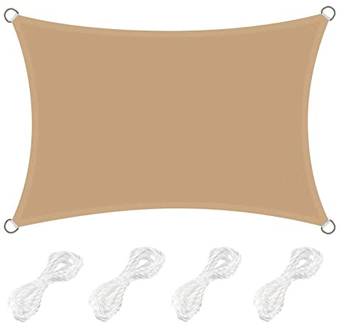 Voile d'ombrage imperméable carrée/rectangulaire avec blocage des UV, jaune sable pour extérieur, terrasse, abri de jacuzzi, avec 4 cordes