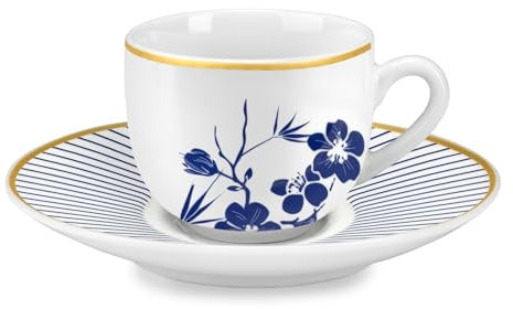 Fade 6er Set Porzellan Kaffeetassen mit Blumen und Streifen und Untertasse Bali, Glamour 100 ml