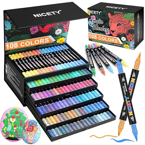 NICETY 108 Farben Acrylstifte für Steine Wasserfest – Dual Tip Acrylic Marker 1–5mm Pinselspitze & 1mm Feinspritze – Acrylmarker Set für Holz, Glas, Keramik, Metall, Leinwand & Papier