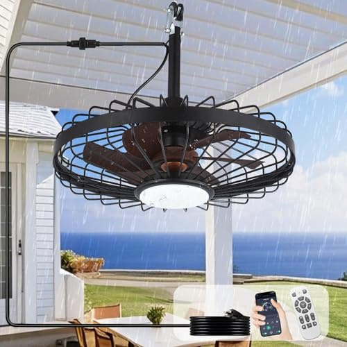 Depuley Outdoor Ceiling Fan with Light: 20 Inch Black and Grainy Waterproof Gazebo Fans with Lights Outdoor Hanging - Plug in Remote App Control Caged Fans for Patios Pergola Porch Canopy
