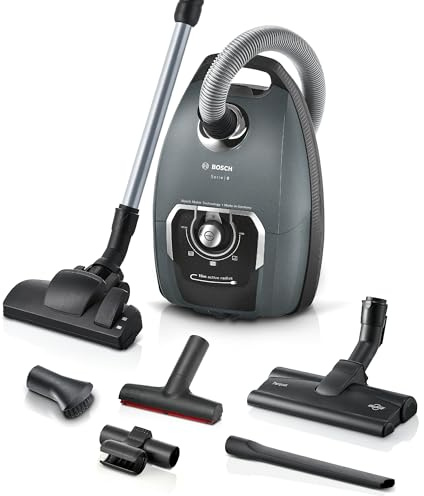 Bosch Staubsauger mit Beutel Serie 8 BGL75XPRQ, für Allergiker, Hygiene-Filter, 10 Jahre Motorgarantie, Hartbodendüse, XXL-Polsterdüse, XXL-Fugendüse, langes Kabel, Made in Germany, leise, 750 W, grau