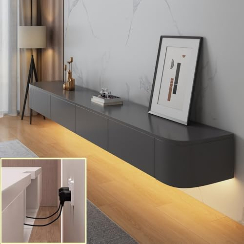 XDXINY TV Media Console Floating TV Cabinet Wall Mounted TV Cabinet Multi Large Storage TV Bench Under TV Lowboard with drawers Router Bracket (Grey+LED, 180 * 20 * 24CM)