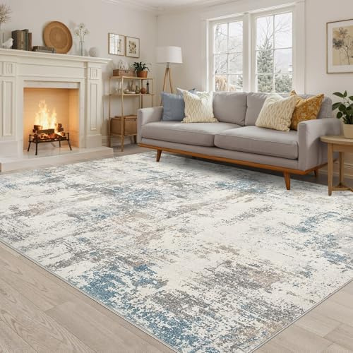 DMOYEST Teppich Wohnzimmer 200x300cm Modern Beige Blau Braun Waschbar | Kurzflor Weich Maschinenwaschbar Rutschfest, Kinder und Haustierfreundlich für Schlafzimmer, Esszimmer und Büro
