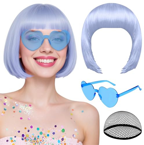 OuryTech Perücke Fasching, Grau Bob Perücke mit Bangs, Kurze Wigs für Damen, Hitzeresistente Lustige Cosplay Wig mit Sonnenbrille & Perückenmütze für Karneval