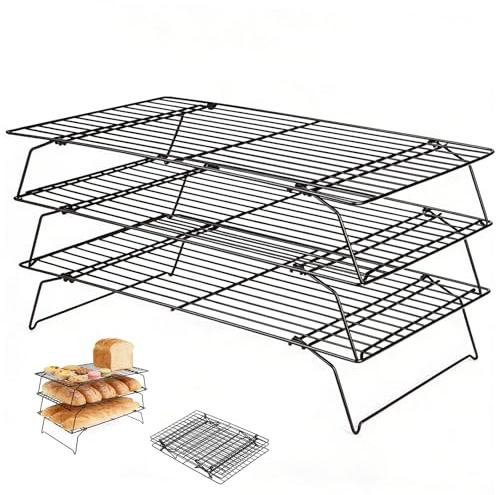 Rejilla de Enfriamiento de 3 Niveles, Rejilla Bandeja de Acero al Carbono - Apilable y Patas Plegable, Antiadherente, 40x25x7.5 cm, Negro - para Hornear, Enfriar de Pasteles, Galletas y Repostería