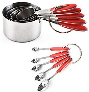 Measuring Cups and Spoons with Silicone Handle Set of 10 Including Stainless Steel 5 Measuring Cups & 5 Measuring Spoons.Widely Used Cooking Baking Measurement as Kitchen Gadget,Red