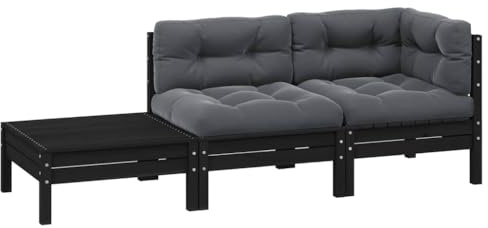 Hoopleep 3-TLG. Garten-Lounge-Set, Schwarz, Kiefer Massivholz, mit Anthrazit Kissen, für Terrasse, Balkon und Außenbereich, robuste Sitzgruppe