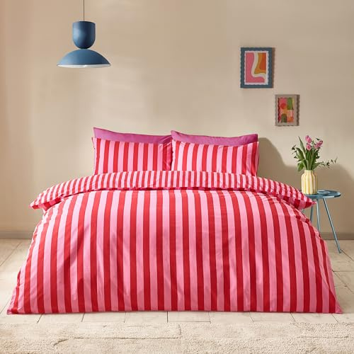 Sassy B Stripe Tease Wende-Bettwäsche-Set mit Kissenbezug, für Einzelbett, Rot
