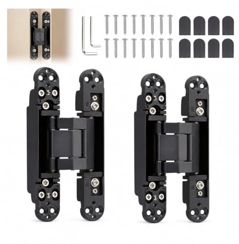 Heavy Duty Hidden Door Hinges: 2 Pack Zinc Alloy 180 Degrees Concealed Hinges 3D Folding Secret Door Hinge with Wrenches Screws for Wooden Doors 40kg Capacity