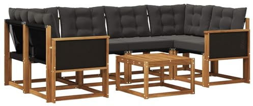 vidaXL Outdoor-Sofagarnitur mit Kissen 7 pcs Natürlich und Schwarz, Moderne Garten-Sofa-Garnitur, Robustes Akazienholz, Bequeme Terrasse, stilvolle Couch zum Entspannen