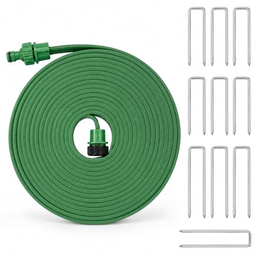 XPJBKC Tubo Irrigazione Forato 15 m, Tubo Irrigatore Piatto T-ubo Irrigazione a Goccia con 10 Picchetti da Terra, tubo Irrigazione Estensibile, Manichetta per Irrigazione per Prati Aiuole Piante