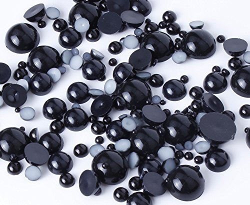 15g Mixed Colours Size Flat Back Pearls Cabochons Decoden 2mm - 12mm Bling (Black)