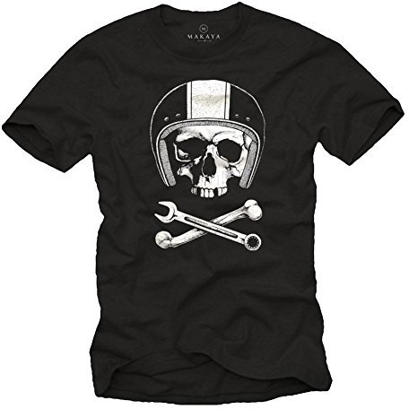 Tee Shirt Originaux Mécanicien Casque Moto avec Skull Noir Homme L