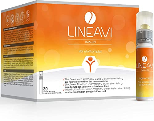 LINEAVI Immun, mit Vitaminen, Mineralstoffen und Omega-3-Fettsäuren, unterstützt das Immunsystem und den Energiestoffwechsel, in Deutschland hergestellt, freiverkäuflich, 30 Trinkflaschen/Kapseln