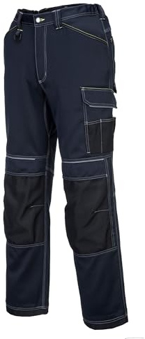 Portwest T601 PW3 Work Trousers Contrast Colour Stitching Drawstring Waist | Navy/Black, 28 Waist, EN 14404, UPF 50+, Straight Fit, Durable Polycotton Fabric, Reflective Piping, Adjustable Hem, Workwear