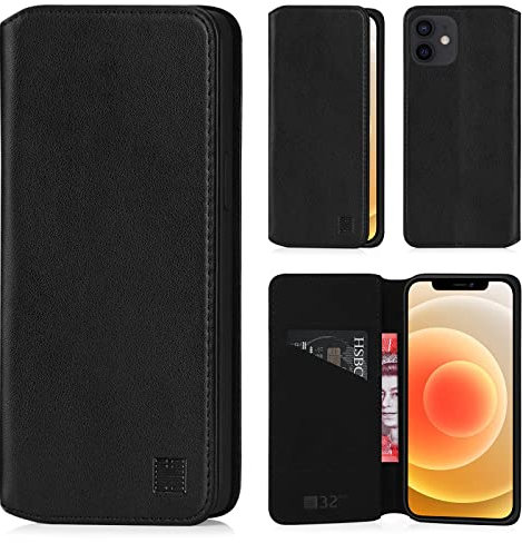 32nd Classic Series 2.0 - Real Leather Book Wallet Flip Case Cover For Apple iPhone 12 Mini (5.4), Real Leather Design With Card Slot, Magnetic Closure and Built In Stand - Black