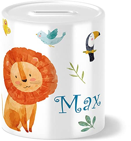 OWLBOOK® Safari Löwe Spardose Kinder personalisiert | Geschenke zur Einschulung | Taufgeschenke | Geschenk Taufe Geburt Geburtstag Junge Mädchen | Sparschwein | Sparbüchse | Wiederverschließbar