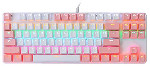 Keyboard Mechanical,Gaming 87 Key Mixed Light Computer Supplies for Desktop Laptop K100 for Ergonomic RGB Backlit Pen Mice/PC Notebook Mac(White&pink)