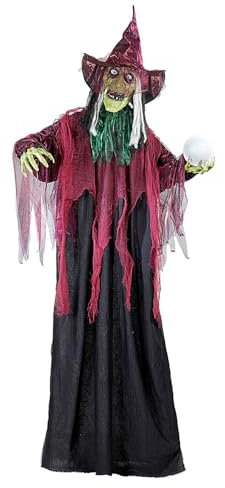 W WIDMANN MILANO Party Fashion 10999 - Sprechende und lachende Hexe mit leuchtenden Led-Augen und farbwechselnder Wahrsager-Kugel, 170cm, Dekoration,Hängedekoration,Geist,gruselig,Halloween,Mottoparty