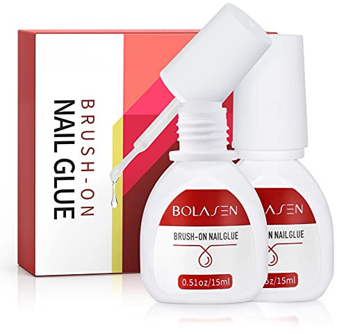 BOLASEN False Nail Glue Extra Strong(2*15ml) Super Strong Nail Glue Brush on Nail Glue for Acrylic Tips Extra Strong Acrylic Nail Glue for Broken Nails Quick Dry Professional Nail Glue for False Nails