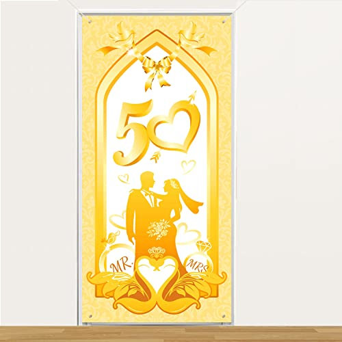 DPKOW Decoración de Pancarta para 50 Aniversario de Bodas de Oro, Pancarta de Tela para 50 Aniversario Bodas Puerta Pared Decoración Interiores Exteriores para 50 Aniversario Bodas Oro, 180 * 90 Cm