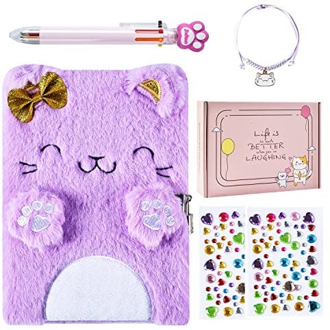 PJDRLLC Diary for Girls with Lock and Keys, Kids Journal Travel Notebook for Writing, Cute Secret Diary with Multicolored Pen, Stickers, Bracelet, Practical Gift for Birthday, Christmas (A Cute Cat)