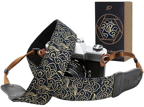 Padwa Lifestyle Camera Strap - 2 Wide with Cowhide Head,Vintage Ukiyo E Style Auspicious Cloud Pure Cotton Camera Shoulder Straps,Personalized Adjustable Camera Neck Strap for all DSLR/SLR Cameras