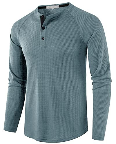 Mens Henley Shirt Long Sleeve Button Collarless Henley Tops Casual Smart Slim Fit Solid Color Waffle Grandad Shirts 3 Buttons Grandad Collar Classic Lightweight Basic Top Plain LightBlue M