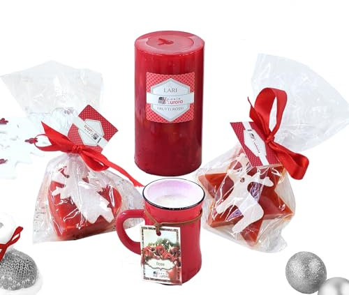 Set 4 Candele di Natale Varie Forme, Colore Rosso, Stella, Cuore, Vasetto, A Cilindro