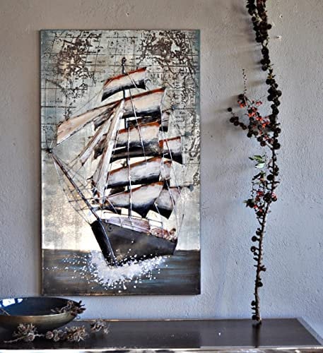 Wandbild aus Metall Segelschiff mit Weltkarte auf dem Meer 100 x 60 cm 3D Optik XXL Wanddeko Metall Bild handgefertigt