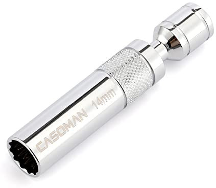 CASOMAN 3/8 Dr. Magnetic Spark Plug Socket-14mm, 360° Degree Swivel, 12-Point, CR-V, Length: 4-Inch