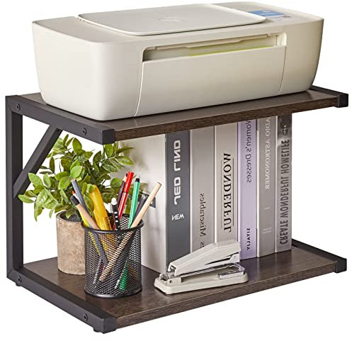 IBUYKE 2-Tier Desktop Printer Stand Holder, Multi-Purpose Desk Organizer Storage Shelf, Book Shelf Printer Shelf for Fax Machine, Scanner, Files, Books,Microwave Oven, Dark Grey TLJ004G