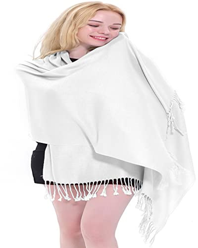 CJ Apparel Brilliant White Solid Colour Tassels Design Shawl Scarf Wrap Stole Throw Head Wrap Pashmina Hand Made in Nepal