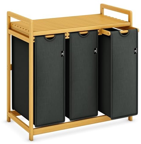 AdelDream Wäschekorb mit Bambusrahmen 150L 3 Fächer Bambus Wäschesammler Wäschebox laundry baskets Bogendesign Wäschesortierer Grau-06-17