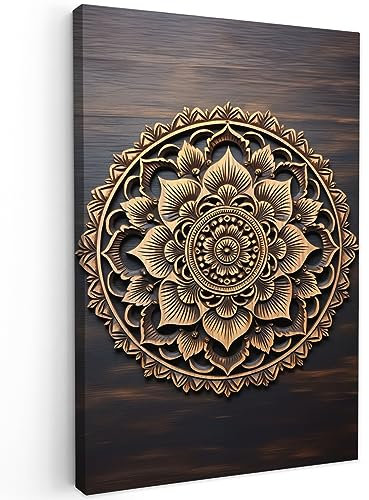 MuchoWow© Impressions sur Toile 80x120 cm Deco Tableau Murale Decoration Salon Peinture Tableaux Chambre Toiles Maison Mandala - Bois - Fleurs - Marron