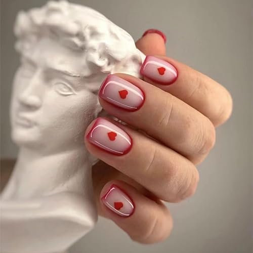 Faux Ongles Court MouyouGlow,Carré Rouge French Red Cœur Print Glossy Press on Nails avec Colle à Ongles,Love Valentines ins Sweet Acryl Fake Nails