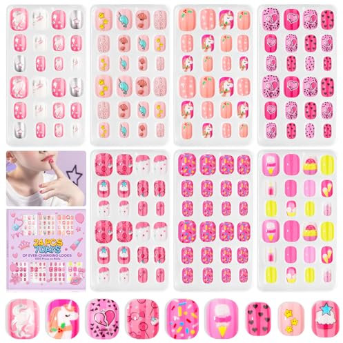 SAVILAND Press on Nails for Kids 168PCS: Kid Press on Nail for Girls Colorful Patterns Kids Fake Nails Tips Strong Adhesion Short Square False Acrylic Nail Art Christmas Easter Gifts 8-12 Years Child