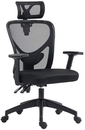 Vinsetto Fauteuil de Bureau, Chaise de Bureau, appuie-tête et accoudoir réglables, Dossier Ergonomique inclinable, siège Ergonomique, Hauteur Assise réglable, pivotant, Tissu Maille Respirant, Noir