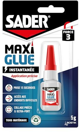 Sader Maxiglue Application Précise – Super Glue Universelle – Tous Matériaux – Colle de Réparation à Prise Rapide – Colle Extra Forte –Transparente – Flacon de 5 g