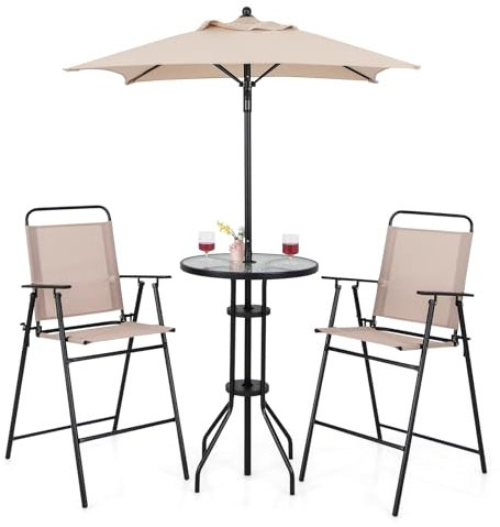 GOPLUS 4 Pcs Salon Jardins Exterieur avec Table de Bar Bistrot en Verre Trempé 2 Chaises Pliantes & Parasol, avec Cadre Métallique Robuste, pour Balcon, Terrasse (Beige, 2 Personnes|avec Parasol)