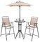 GOPLUS 4 Pcs Salon Jardins Exterieur avec Table de Bar Bistrot en Verre Trempé 2 Chaises Pliantes & Parasol, avec Cadre Métallique Robuste, pour Balcon, Terrasse (Beige, 2 Personnes|avec Parasol)